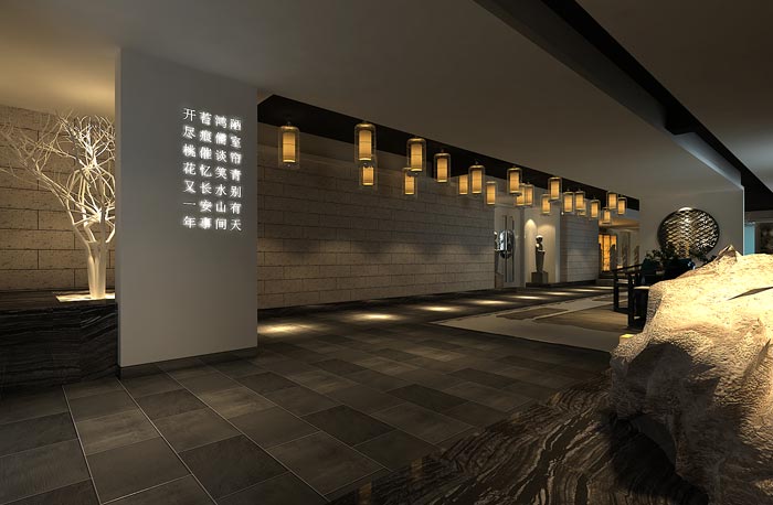 現代中式風格中餐廳形象墻裝修設計案例效果圖