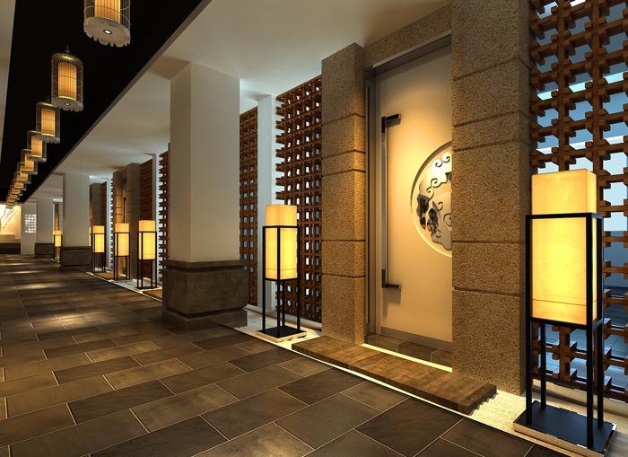 現代中式風格中餐廳過道裝修設計案例效果圖