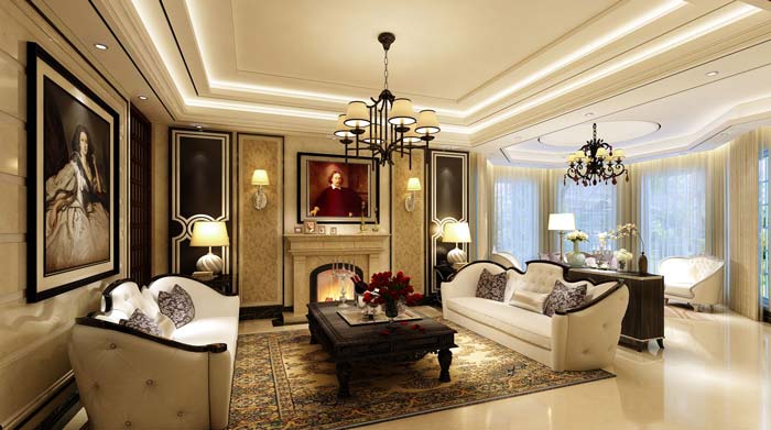水印城現(xiàn)代新古典別墅客廳裝修設計案例效果圖