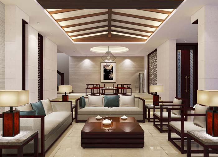 一世情園新中式別墅客廳裝修設計案例效果圖