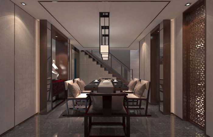 一世情園新中式別墅樓梯裝修設計案例效果圖