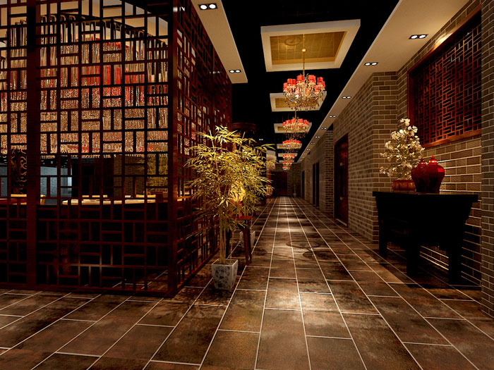 中式風格火鍋店過道裝修設計案例效果圖