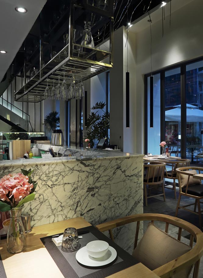 300平方素食文化餐廳前臺吧臺設計效果圖