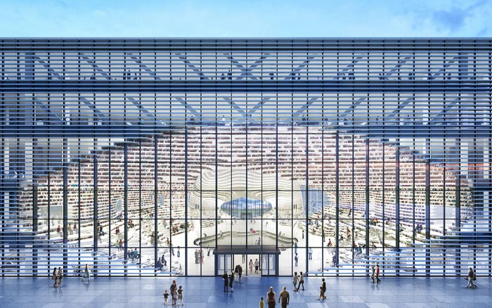 天津?yàn)I海圖書館階梯式書架設(shè)計(jì)效果圖