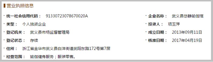 武義縣悠靜瑜伽館營業執照示意圖