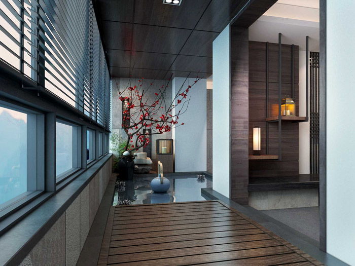 新中式辦公空間進門區裝修設計效果圖